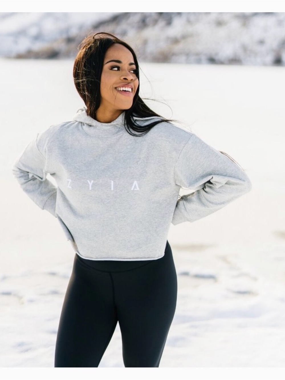 ZYIA Light Gray Cropped Hoodie with Embroidered Logo